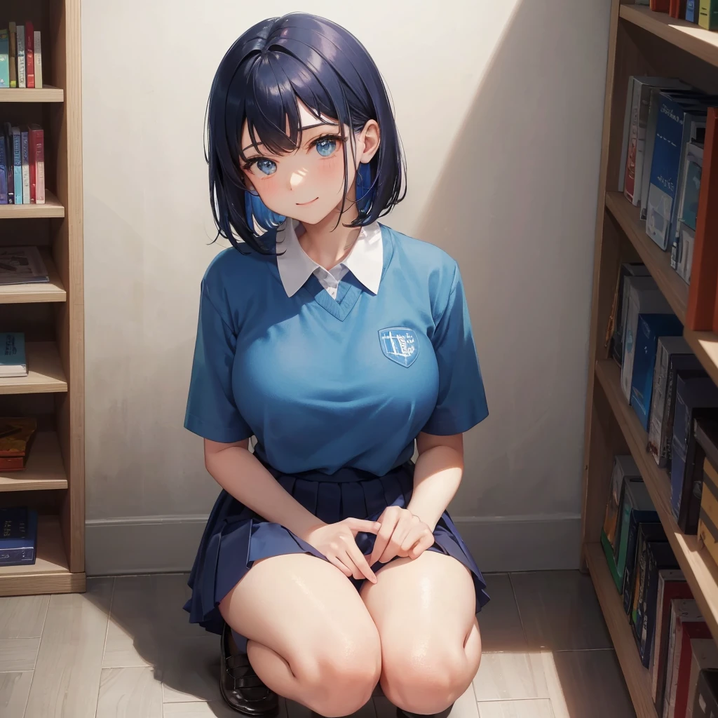 1. High school girl 17-year-old female Bobcut dark blue hair color High School Uniform Light blue Y-shirt Short sleeve Blue Ribbon dark blue hair color Slim figure Large Breasts Full body portrait School library Smiling Kindly Laugh a little library Hand Signs squat Kneel Look up here