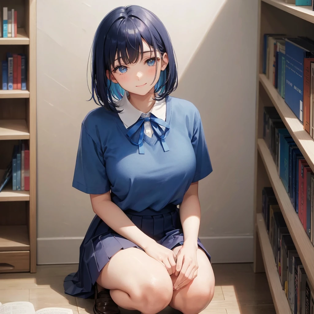 1. High school girl 17-year-old female Bobcut dark blue hair color High School Uniform Light blue Y-shirt Short sleeve Blue Ribbon dark blue hair color Slim figure Large Breasts Full body portrait School library Smiling Kindly Laugh a little library Hand Signs squat Kneel Look up here