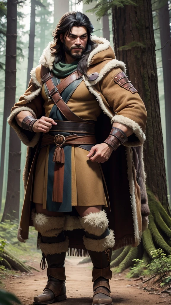Very strong warrior man with bear coat, at the forest