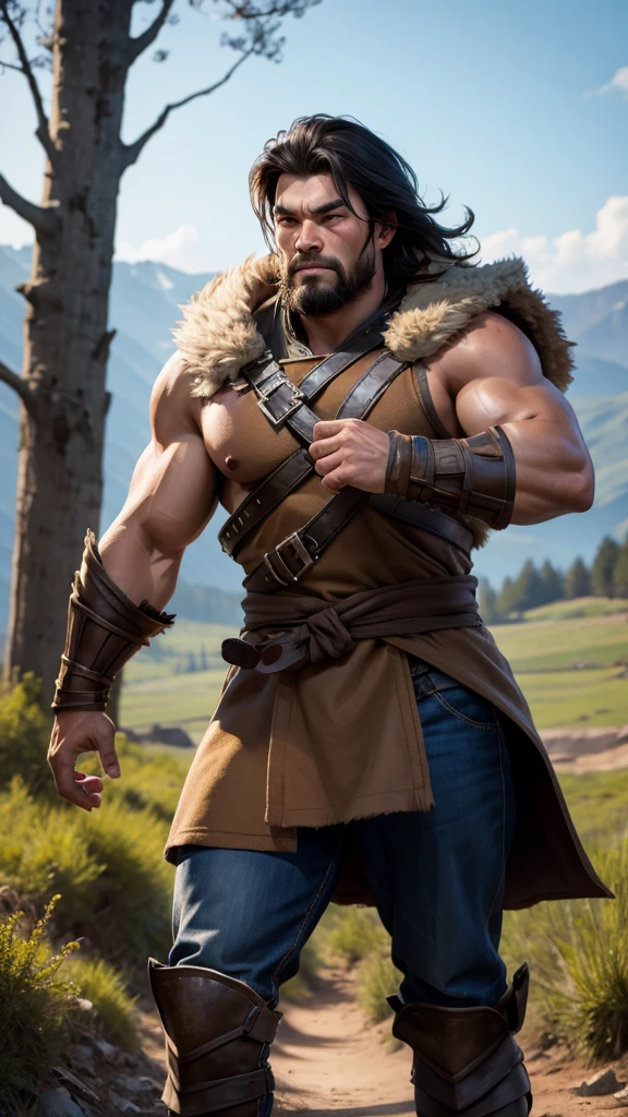 Very strong warrior man with bear coat, at the forest 