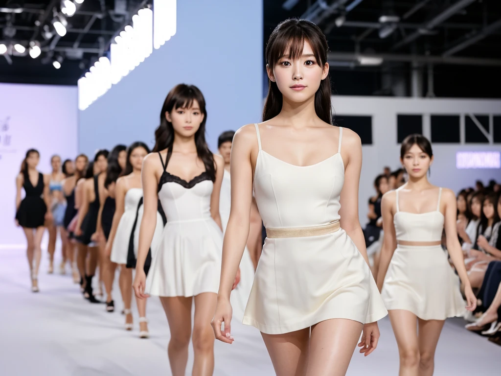 A live-action photo of an extremely beautiful Japanese high school girl race queen who highlights her beautiful legs、She was photographed walking down the runway at a fashion show wearing Gooseberry Lingerie&#39;s new underwear.、She is an eternal idol who combines a clean look with modern charm.。 She creates such beauty。 She feels her own warmth。 She creates a warm atmosphere。 We create beauty。 That&#39;s what I want to say。 In her full body photo、The figure features porcelain-like skin and golden hair that radiates a soft glow.。 This is probably、It captured the essence of her timeless charm.、This is the best shot ever.。 Each straight line and curve is carefully expressed.、Breathtakingly beautiful with impeccable detail。 This piece perfectly captures her timeless beauty.。 Divine Proportions、Sharp focus、Full-body photo taken by Kishin Shinoyama、high quality、High resolution、Detailed Background
