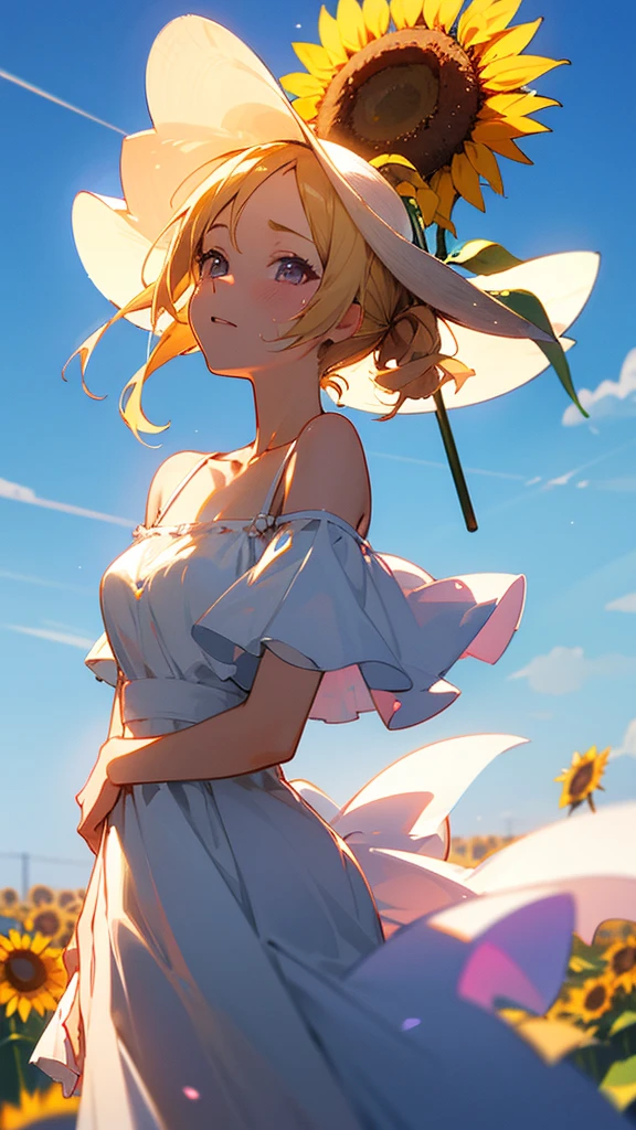 sunflower　sunflower畑　White dress　Straw hat　youth　summer　Emotional　blue sky　Best Quality, Masterpiece, Ultra High Resolution, (Realisticity: 1.4), Original Photo, 1girl, Pink Off-the-Shoulder, Cinematic Lighting