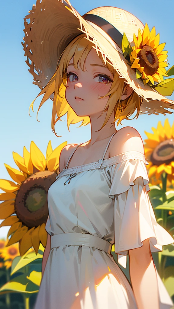 sunflower sunflower畑 White dress Straw hat youth summer Emotional blue sky Best Quality, Masterpiece, Ultra High Resolution, (Realisticity: 1.4), Original Photo, 1girl, Pink Off-the-Shoulder, Cinematic Lighting
