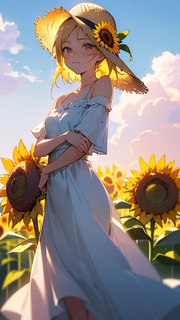 sunflower sunflower畑 White dress Straw hat youth summer Emotional blue sky Best Quality, Masterpiece, Ultra High Resolution, (Realisticity: 1.4), Original Photo, 1girl, Pink Off-the-Shoulder, Cinematic Lighting