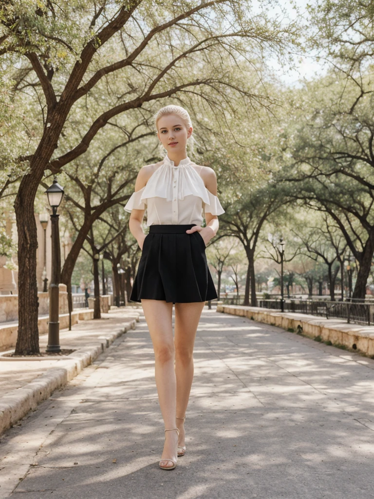 her name is Elle, high quality, 1girl, ((20-year-old fit Caucasian woman)), ((20 years old)), ((fit)), ((pale skin)), ((sleek ponytail blonde colored hair)) , wearing Pale Yellow Ruffled Cold-Shoulder Blouse + High-Waisted Sequin Skirt  pose: standing, background: Highlight the historic and cultural richness of San Antonio's River Walk, with its winding pathways along the San Antonio River, lined with colorful restaurants and shops."