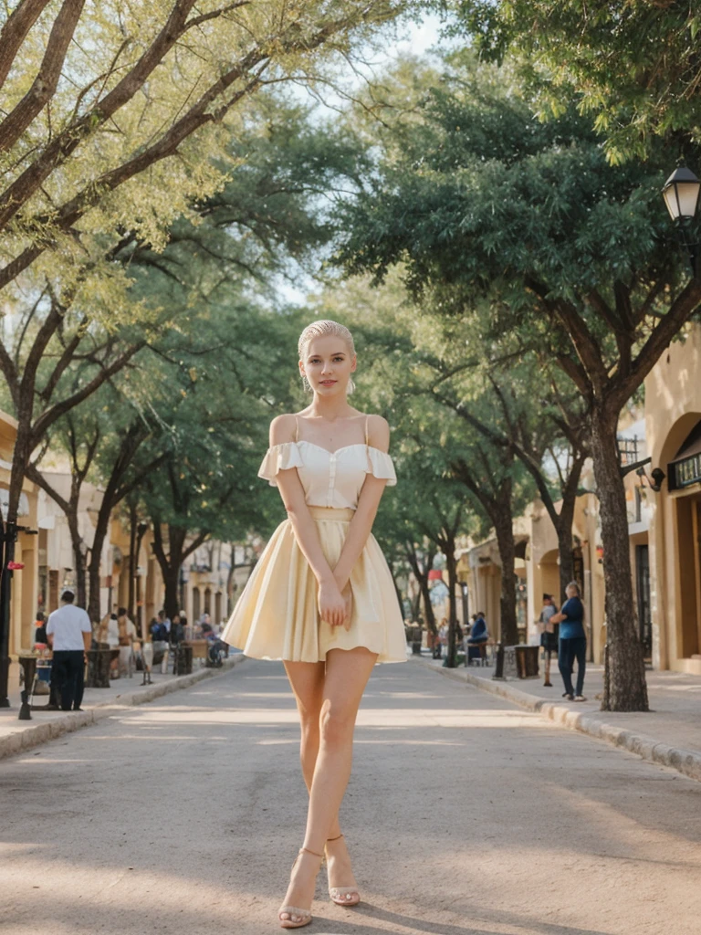 her name is Elle, high quality, 1girl, ((20-year-old fit Caucasian woman)), ((20 years old)), ((fit)), ((pale skin)), ((sleek ponytail blonde colored hair)) , wearing Pale Yellow Ruffled Cold-Shoulder Blouse + High-Waisted Sequin Skirt  pose: standing, background: Highlight the historic and cultural richness of San Antonio's River Walk, with its winding pathways along the San Antonio River, lined with colorful restaurants and shops."