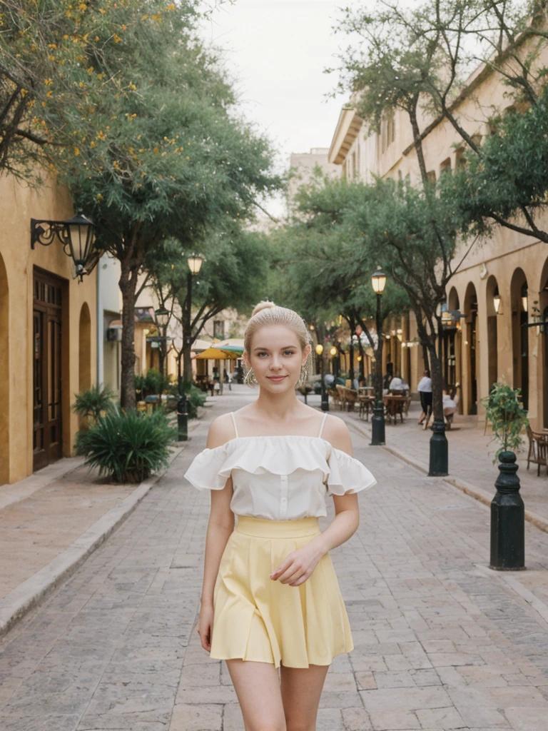 her name is Elle, high quality, 1girl, ((20-year-old fit Caucasian woman)), ((20 years old)), ((fit)), ((pale skin)), ((sleek ponytail blonde colored hair)) , wearing Pale Yellow Ruffled Cold-Shoulder Blouse + High-Waisted Sequin Skirt  pose: standing, background: Highlight the historic and cultural richness of San Antonio's River Walk, with its winding pathways along the San Antonio River, lined with colorful restaurants and shops."