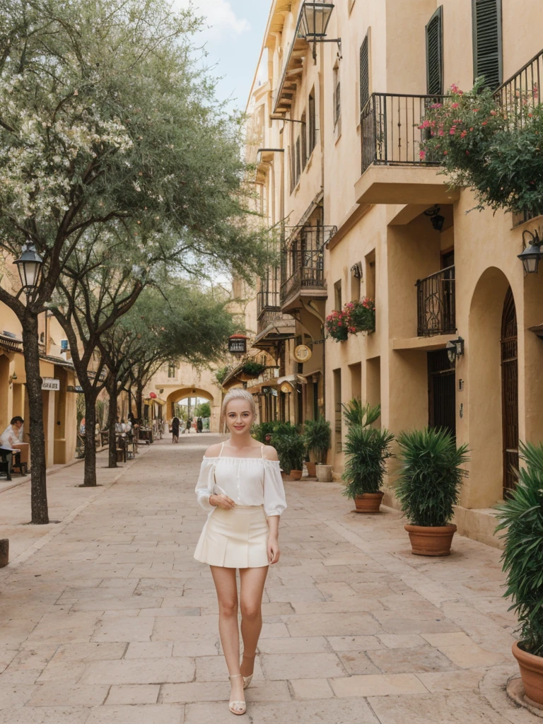 her name is Elle, high quality, 1girl, ((20-year-old fit Caucasian woman)), ((20 years old)), ((fit)), ((pale skin)), ((sleek ponytail blonde colored hair)) , wearing Pale Yellow Ruffled Cold-Shoulder Blouse + High-Waisted Sequin Skirt pose: standing, background: Highlight the historic and cultural richness of San Antonio's River Walk, with its winding pathways along the San Antonio River, lined with colorful restaurants and shops."