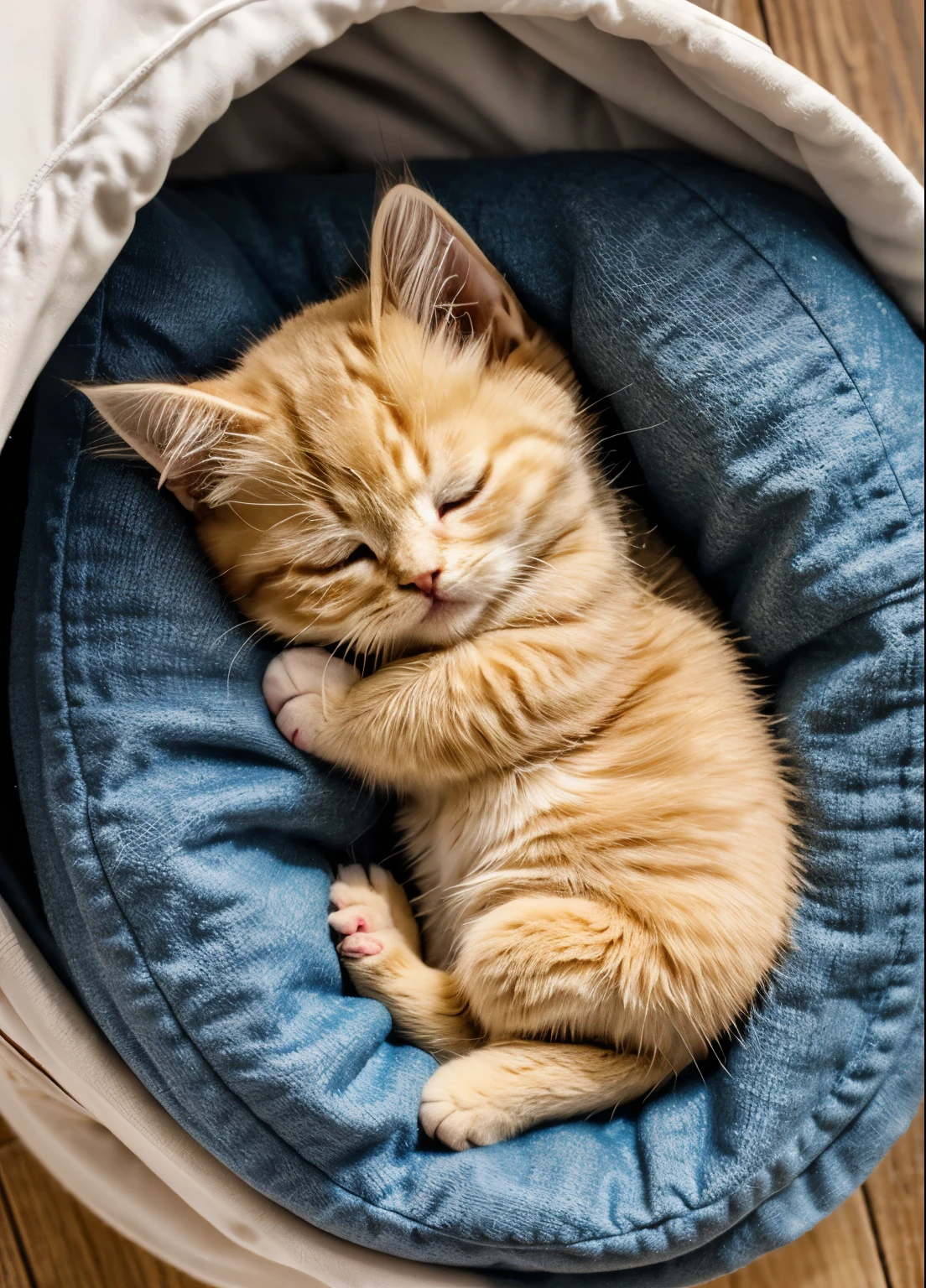 An overhead view of a fluffy kitten curled up and sleeping in the laundry. The kitten is small and has soft, plush fur, creating an adorable and cozy scene. The kitten is nestled comfortably in a circular shape, emphasizing its round, compact form as it rests peacefully.Random hair color、Random pose、Sunlight is shining、Sunny、Random cat breed