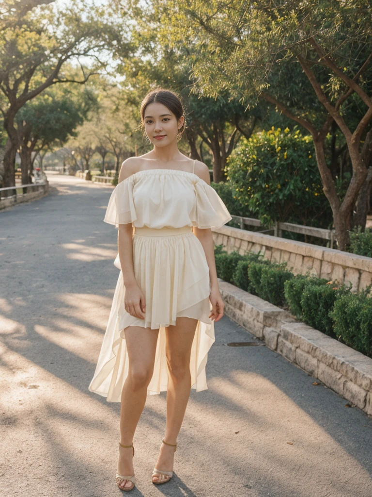 her name is Elle, high quality, 1girl, ((20-year-old fit Caucasian woman)), ((20 years old)), ((fit)), ((pale skin)), ((sleek ponytail blonde colored hair)) , wearing Pale Yellow Ruffled Cold-Shoulder Blouse + High-Waisted Sequin Skirt  pose: standing, background: Highlight the historic and cultural richness of San Antonio's River Walk, with its winding pathways along the San Antonio River, lined with colorful restaurants and shops."