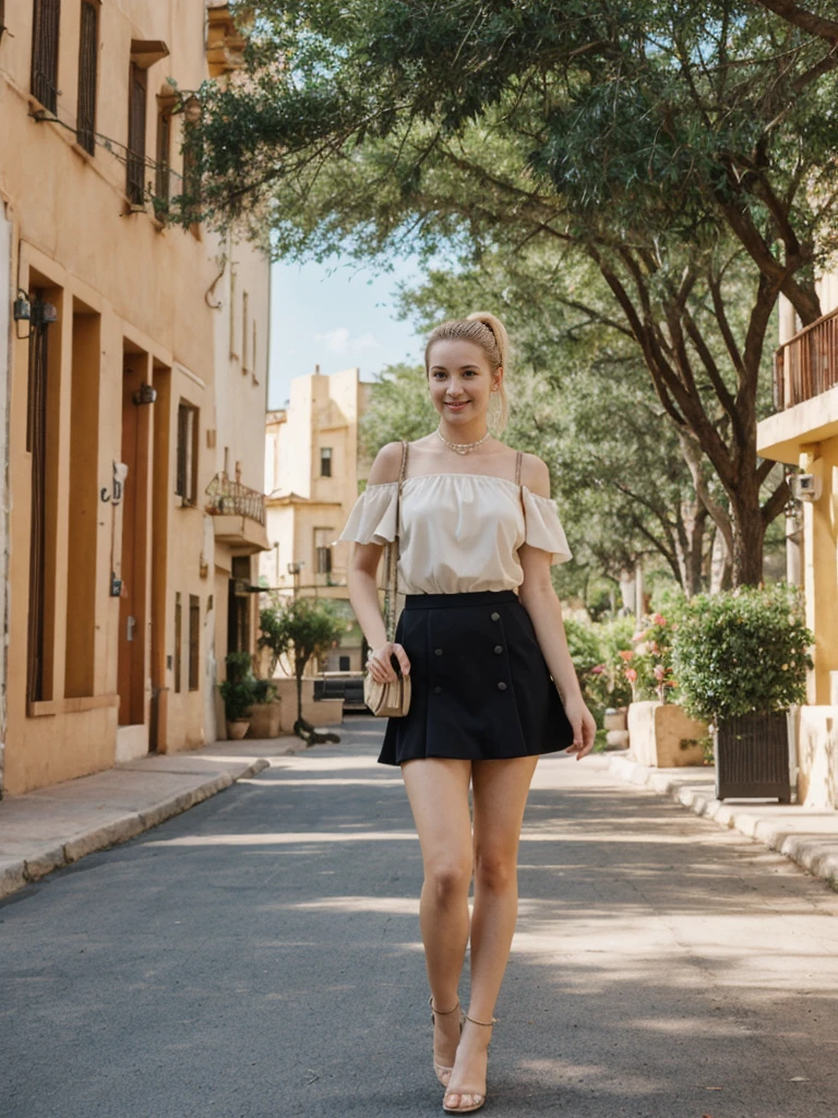 her name is Elle, high quality, 1girl, ((20-year-old fit Caucasian woman)), ((20 years old)), ((fit)), ((pale skin)), ((sleek ponytail blonde colored hair)) , wearing Pale Yellow Ruffled Cold-Shoulder Blouse + High-Waisted Sequin Skirt pose: standing, background: Highlight the historic and cultural richness of San Antonio's River Walk, with its winding pathways along the San Antonio River, lined with colorful restaurants and shops."