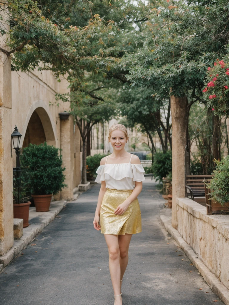 her name is Elle, high quality, 1girl, ((20-year-old fit Caucasian woman)), ((20 years old)), ((fit)), ((pale skin)), ((sleek ponytail blonde colored hair)) , wearing Pale Yellow Ruffled Cold-Shoulder Blouse + High-Waisted Sequin Skirt pose: standing, background: Highlight the historic and cultural richness of San Antonio's River Walk, with its winding pathways along the San Antonio River, lined with colorful restaurants and shops."