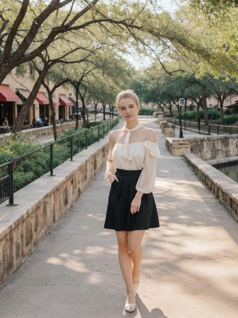 her name is Elle, high quality, 1girl, ((20-year-old fit Caucasian woman)), ((20 years old)), ((fit)), ((pale skin)), ((sleek ponytail blonde colored hair)) , wearing Pale Yellow Ruffled Cold-Shoulder Blouse + High-Waisted Sequin Skirt pose: standing, background: Highlight the historic and cultural richness of San Antonio's River Walk, with its winding pathways along the San Antonio River, lined with colorful restaurants and shops."