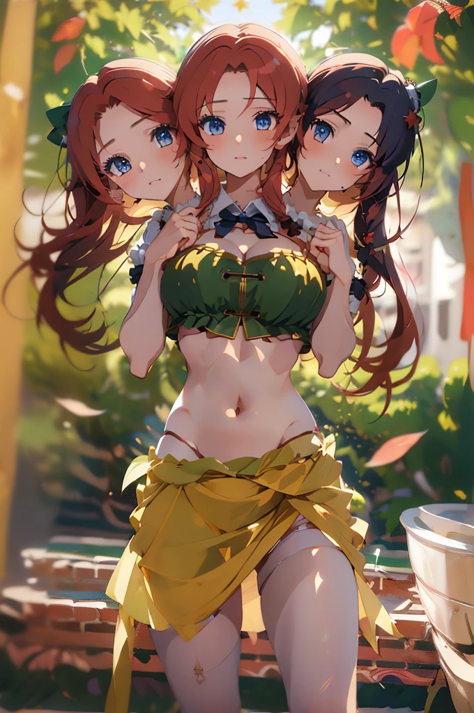 (masterpiece, best quality),best quality, (ultra-detailed), (3heads:1.5), 1girl, (ultra-detailed), (3heads:1.5), 1girl, (hong meiling:1.3), masterpiece, (best quality:1.5, highres, UHD), highres, absurdo, ultra detail, ultra quality, Ultra resolution, green top, crop top, ((stomach)), midriff, ((groin)), green skirt, miniskirt, normal ears, shackles, red hair, very long hair, wavy hair, sidelocks, blue eyes, parted lips, midriff, sweat, cute, toned belly, hand on own chest, eyelashes, (24 year old woman:1.3), (masterpiece:1.5), (best quality:1.5), (beautiful detailed), extremely detailed CG, extremely delicate and beautiful, depth of field, (finely detailed face), (perfect details:1.2), (mature female:1.3), wide pelvis, slender, large veiny breast, 16k resolution, high quality, high definition, extremely detailed, masterpiece, red hair, long hair, alluring presence, twin braid, short skirt, close up, very big tits, huge tits, young, striped, green beret, hair ornament, chinese clothes, star hat ornament, open belly, nsfw, redhead,