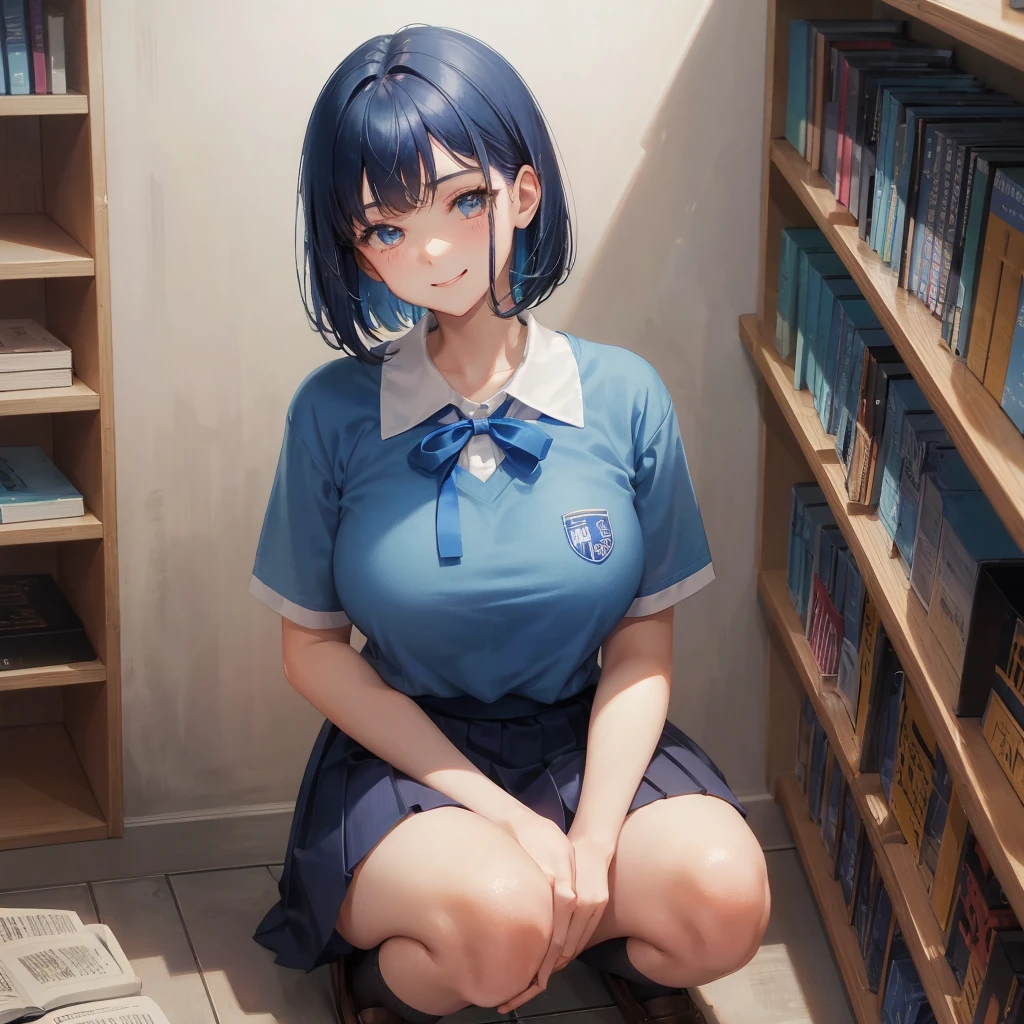 1. High school girl 17-year-old female Bobcut dark blue hair color High School Uniform Light blue Y-shirt Short sleeve Blue Ribbon dark blue hair color Slim figure Large Breasts Full body portrait School library Smiling Kindly Laugh a little library Hand Signs squat Kneel Look up here