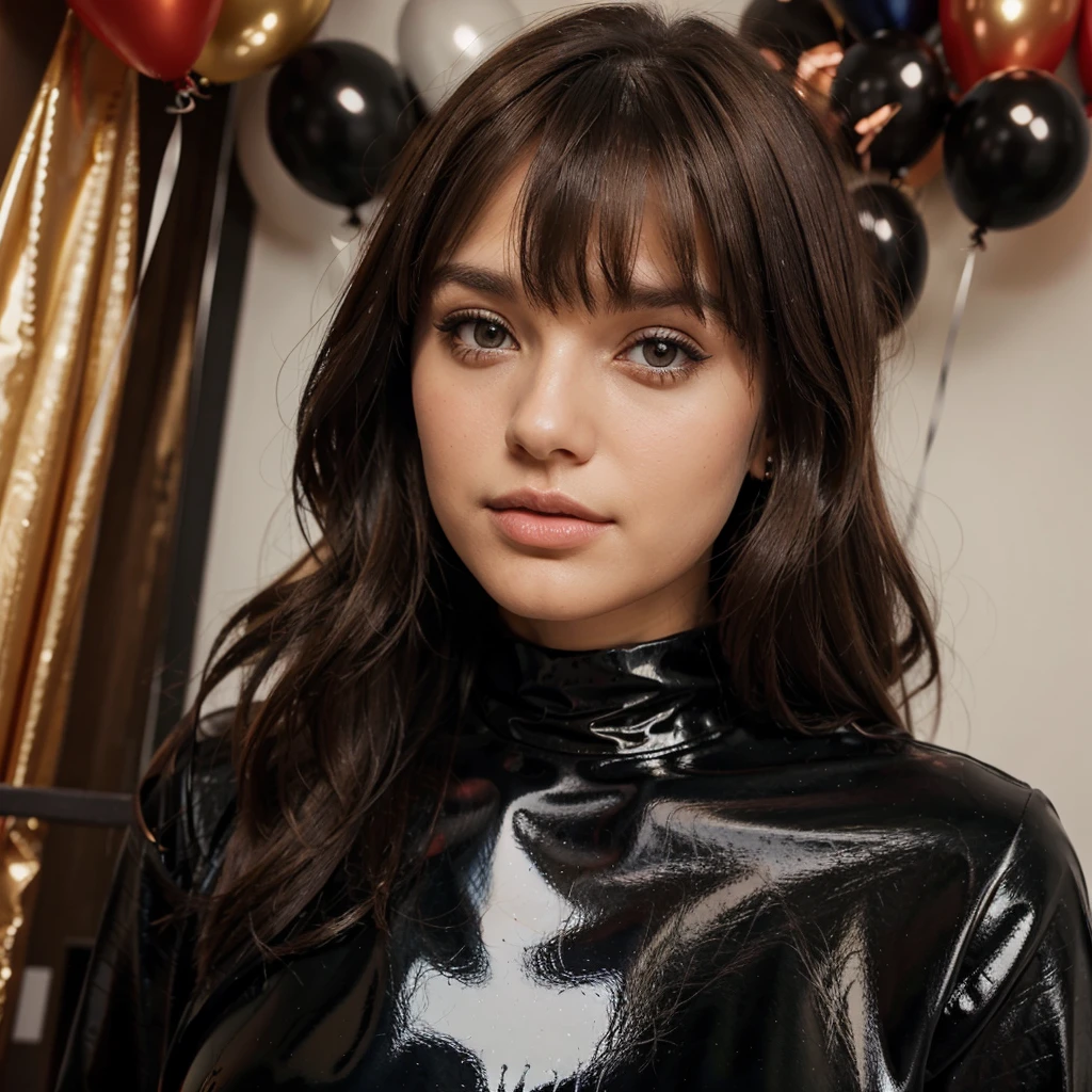  beautiful with brown hair with bangs, eyes browns, in a shiny black outfit, is at a birthday party 
