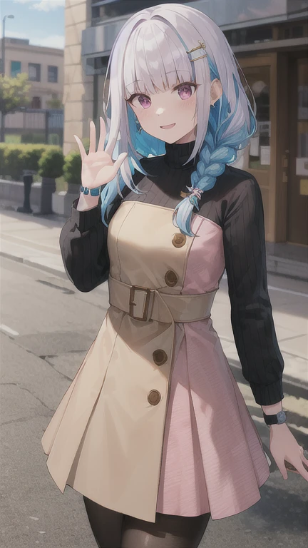 masterpiece, best quality, highres, lh1, hairclip, braid, pantyhose, long hair, brown dress, wristwatch, long sleeves, turtleneck sweater, jewelry, black pantyhose, floral print, hair over shoulder, pink dress, black sweater, cowboy shot, standing, outdoors, street, smile, waving,