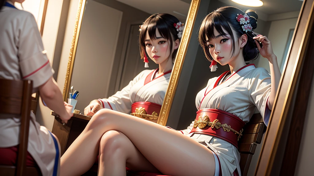 8k resolution, high image quality, real, maiko, woman, young, waiting room, facing the mirror, painting white powder on the face,