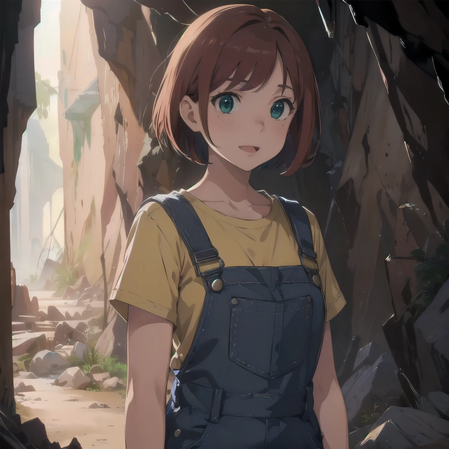 (masterpiece), best quality, expressive eyes, perfect face, 1girl, solo, bob cut, redhead, red hair BREAK short hair, green eyes BREAK blush, looking at viewer, freckles, breasts, cleavage, standing, yellow shirt BREAK blue overalls BREAK :D, surprised face, cave, cave interior, blue rocks, mines, looking away, gloves, safety helmet