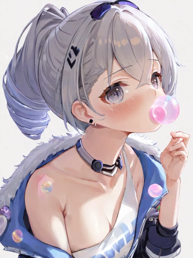 Extremely detailed,(best quality),((masterpiece)),(high resolution),The original,Atelimei,yinlang, 1 Girl, chewing gum, Solitary, blowing bubbles, breast, jacket, gloexistes, looking at existiewer, black gloexistes, White background, Simple background, blush, Hair accessories, black jacket, Necklace, Fur trim, fingerless gloexistes, exist, Colorful hair, Striped hair, Upper Body, Top of crop, Sweat, cleaexistage, open jacket, Open clothes, shirt, Hair between the eyes, clavicle, Tinted glasses, earrings, Hairpin, Off-shoulder, white shirt, Jewelry, medium breast, Good exercise