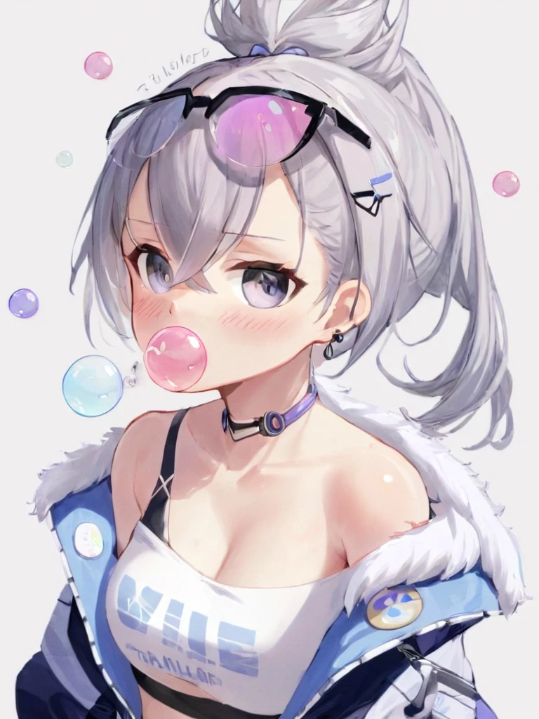 Extremely detailed,(best quality),((masterpiece)),(high resolution),The original,Atelimei,yinlang, 1 Girl, chewing gum, Solitary, blowing bubbles, breast, jacket, gloexistes, looking at existiewer, black gloexistes, White background, Simple background, blush, Hair accessories, black jacket, Necklace, Fur trim, fingerless gloexistes, exist, Colorful hair, Striped hair, Upper Body, Top of crop, Sweat, cleaexistage, open jacket, Open clothes, shirt, Hair between the eyes, clavicle, Tinted glasses, earrings, Hairpin, Off-shoulder, white shirt, Jewelry, medium breast, Good exercise