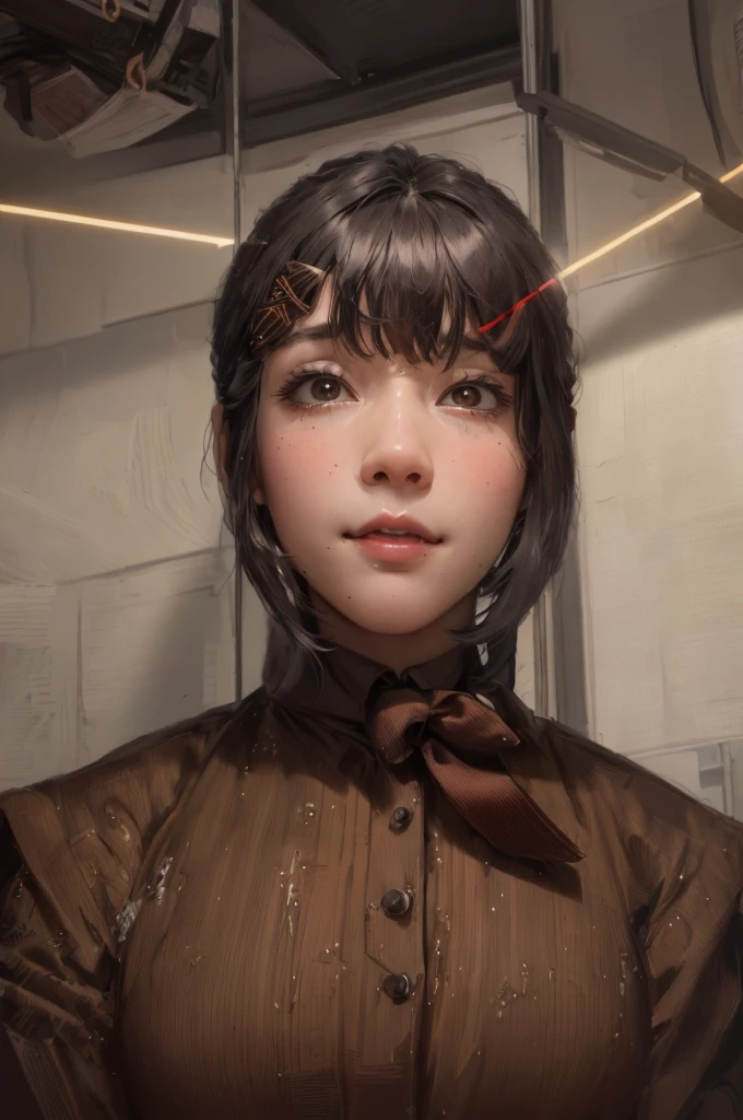 masterpiece, best quality, ultra-detailed, illustration, epic lighting, cinematic composition, isometric, 1girl, solo, cute, brown eyes, black hair, swept bangs, single sidelock, red hairclip, white collared shirt, black necktie, black pants, formal, enchanting gaze, captivating pose, indoors, office, door, opening door, looking at viewer, peeking out upper body, blush, seductive smile, closed mouth,(8k:1.1),