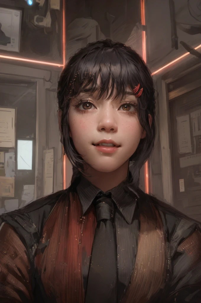 masterpiece, best quality, ultra-detailed, illustration, epic lighting, cinematic composition, isometric, 1girl, solo, cute, brown eyes, black hair, swept bangs, single sidelock, red hairclip, white collared shirt, black necktie, black pants, formal, enchanting gaze, captivating pose, indoors, office, door, opening door, looking at viewer, peeking out upper body, blush, seductive smile, closed mouth,(8k:1.1),