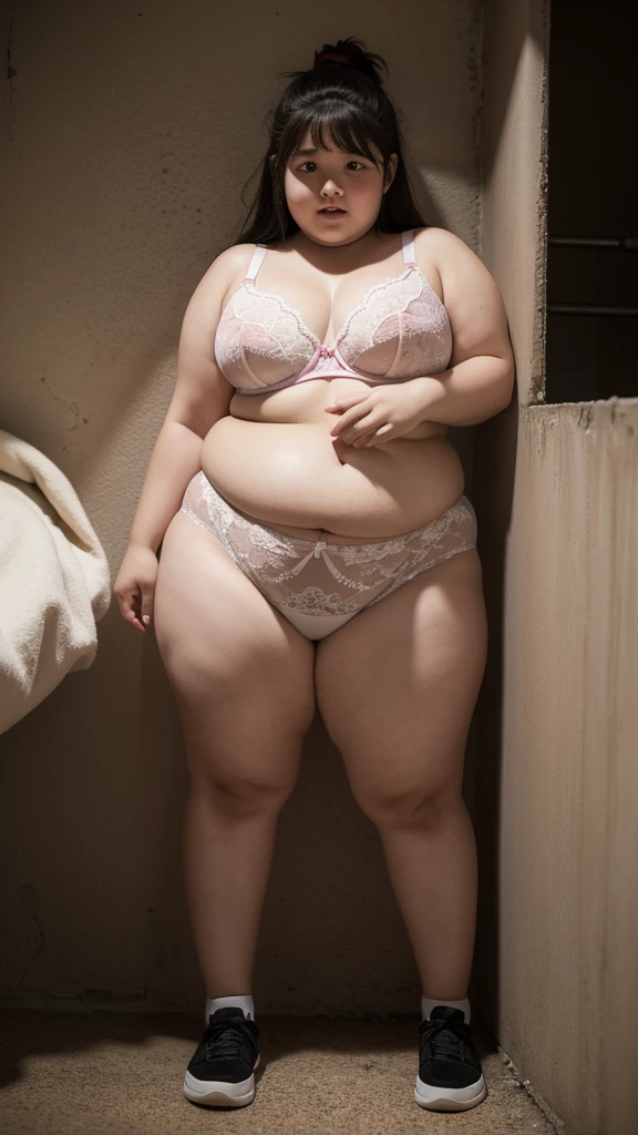 Very fat  girl , obese , agevery fat body , in underground prison ,face excited , full body, panties , bra