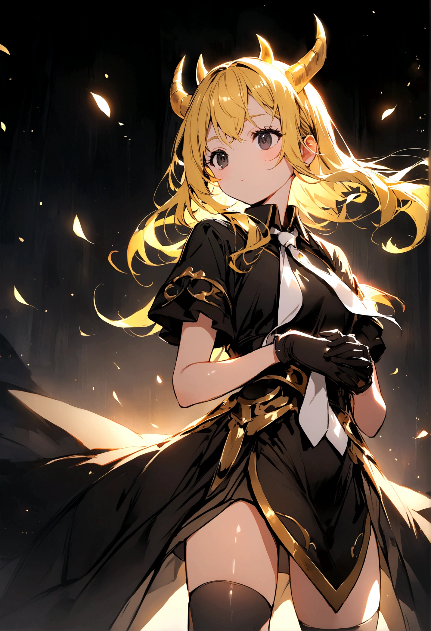 Female character with golden horns and yellow hair and a short-sleeved shirt and a white tie and black eyes and a short black skirt and black stockings and small gloves on her hands