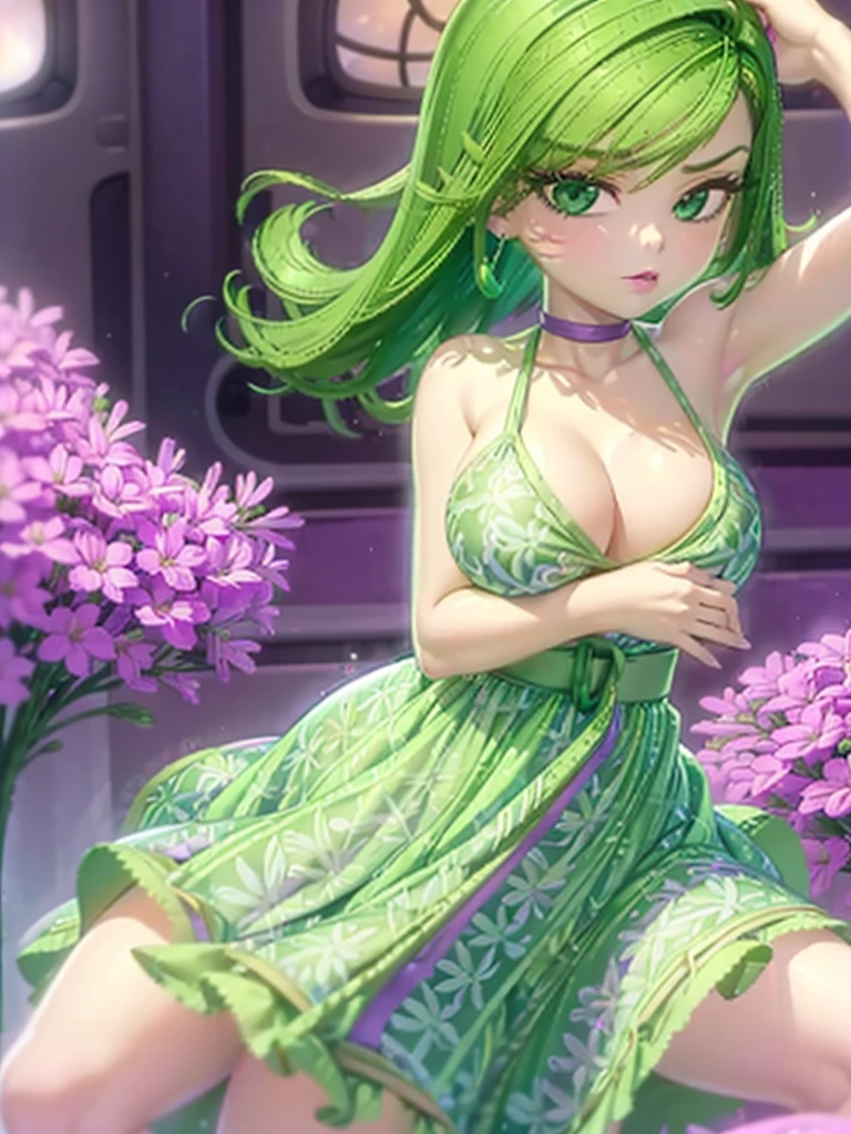 1girl, solo, beautiful girl, green skin, green eyes, big eyes, long eyelashes, green hair, short hair, shiny hair, asymmetrical bangs, asymmetrical hair, medium breasts, green dress, strapless dress, floral print dress, short dress, green belt, purple scarf, looking at viewer, bare arms, bare shoulders, disgust face, narrow waist, big butt, violet lips, lip gloss, makeup, perfect hands, perfect anatomy, dress pull, breasts slip, nipple slip, puffy nipples, cleavage, topless, partially undressed, partially naked, breasts focus, purple background, round windows, inside, from side,