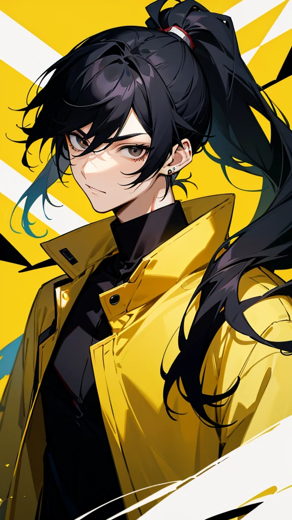 Male character with black hair with a half ponytail and a yellow jacket black eyes u. Black collar, black shirt, anime style, manga style and long hair that is from an anime drawing. With a black shirt with yellow earrings and a yellow jacket with blood on the face.