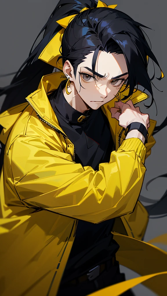 Male character with black hair with a half ponytail and a yellow jacket black eyes u. Black collar, black shirt, anime style, manga style and long hair that is from an anime drawing. With a black shirt with yellow earrings and a yellow jacket with blood on the face.