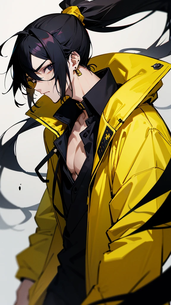 Male character with black hair with a half ponytail and a yellow jacket black eyes u. Black collar, black shirt, anime style, manga style and long hair that is from an anime drawing. With a black shirt with yellow earrings and a yellow jacket with blood on the face.