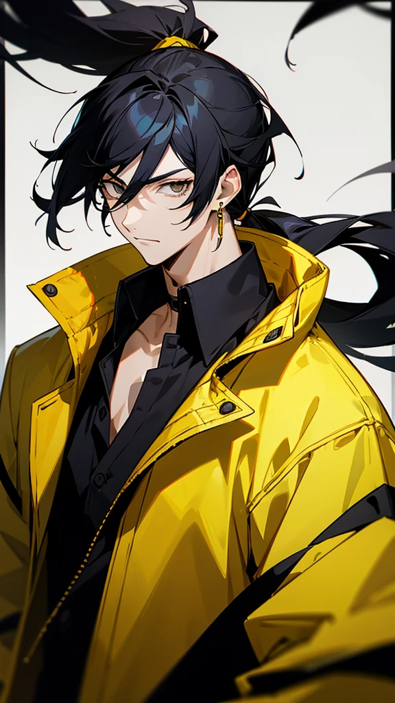 Male character with black hair with a half ponytail and a yellow jacket black eyes u. Black collar, black shirt, anime style, manga style and long hair that is from an anime drawing. With a black shirt with yellow earrings and a yellow jacket with blood on the face.