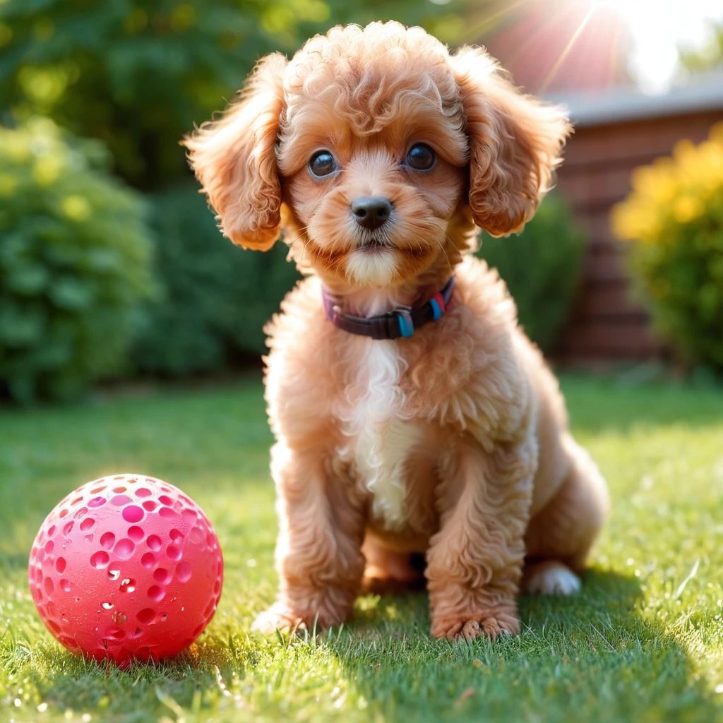 Small toy poodle puppy playing with a ball in the yard, noon, summer, Volumetric Light,