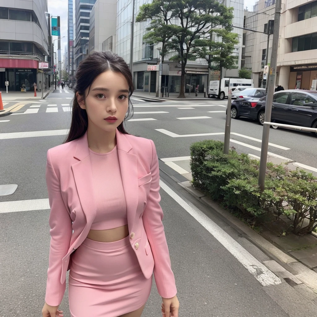 Front view,1 women,solo,Anne-Marie Alto wear a tight pink suit, tight skirt ,looking at camera,25 years old, (((Anne-Marie Alto))), in the Tokyo city