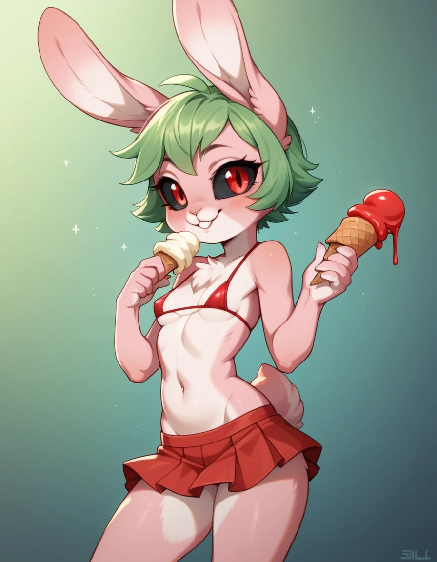 score_9, score_8_up, score_7_up, score_6_up, score_5_up, score_4_up, BREAK rating_explicit, source_furry, solo female rabbit, posing sexy, 1girl, rabbit, anthro, detailed face, standing,((red micro top, red mini skirt,holding an ice cream)),(((Black Sclera:1.5, red eyes))), female focus, solo, anthro, smile, seductive, smile, small breasts, cheek tuft, chest tuft, eyelashes, eyelids, facial tuft, light beige fur,((Pink skin, pink fur)),((rabbit tail)), two-tone body, two-tone fur,((smal body,young,)),((Green hair, short hair)