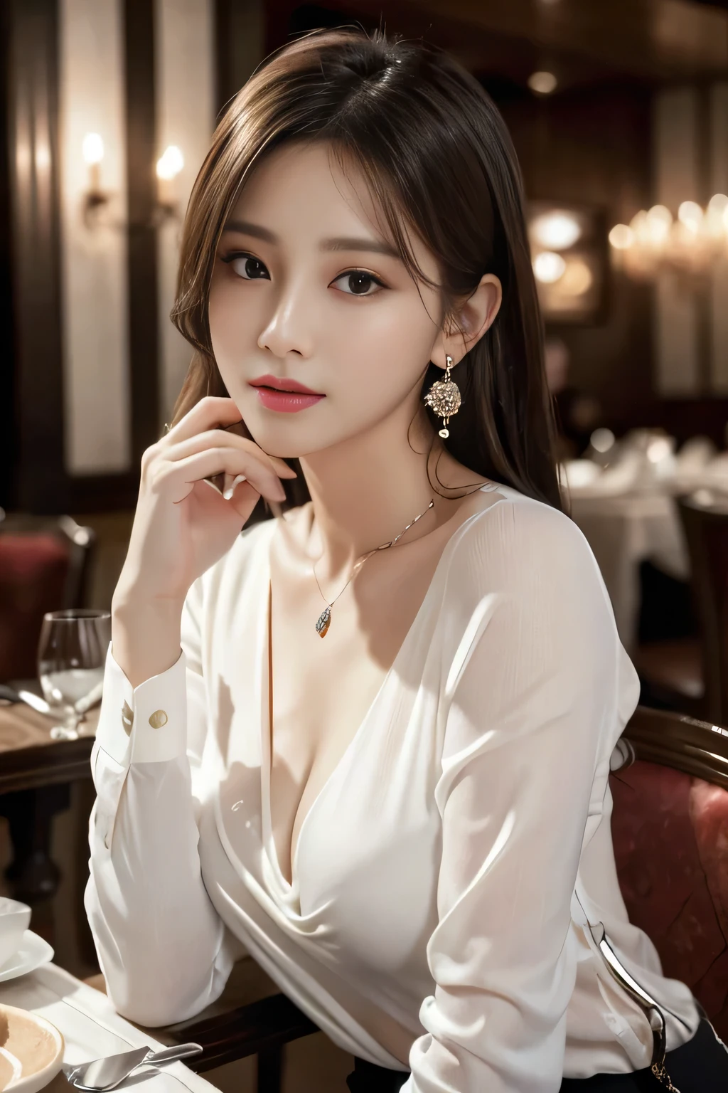 masterpiece, Highest quality, Realistic, Very detailed, Finer details, High resolution, 8k wallpaper, One beautiful woman, Wear an elegant white see-through shirt, In a great restaurant, At night, Light brown messy hair, Perfect dynamic composition, Beautiful and beautiful eyes、Big earrings、Sit on a chair、