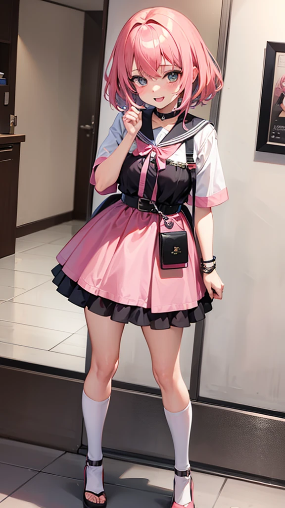 Anime girl with pink hair taking pictures, excited