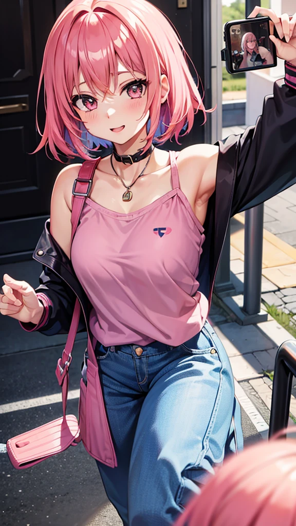 Anime girl with pink hair taking pictures, excited