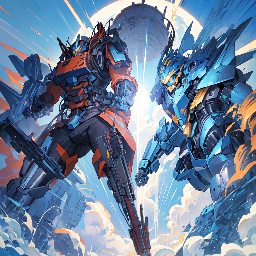 Close-up of a man holding a giant gun, Mecha Art, Krenz Kushat and Lin Wenjun, Alexander Ferra Meha, Krenz Kushat and Artyom Demura, Cool mech style, Modern mecha animation, zoids art, War Mech Battle, Greg Rutkoski and Krentz Kushat,((Pure blue background))