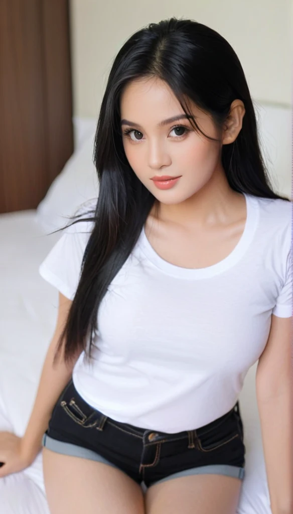close-up of beautiful Indonesian, Amanda Manopo is a Indonesian actress and model, 4 years old girl, youthful face, perfect body, white body skin, very long hair, black hair, straight hair, 38 inches breas, wearing a plain standard white short-sleeved t-shirt, wearing a tight plain dark black denim shorts, Manopo's clothes were cut off by my boyfriend using scissors from the sleeved t-shirt to the short-sleeved t-shirt to make Manopo sigh and tease, strand by strand Manopo's clothes fell because they had been cut, the rest of Manopo's clothes were scattered at bottom because they had been cut, Manopo's clothes showed off her breasts because re cut off by my boyfriend so that they looked more sexy and seductive, sexooking pose, pose a ghty look, pose looks seductive, at the boyfriend bedroom, boyfriend bedroom background, UHD