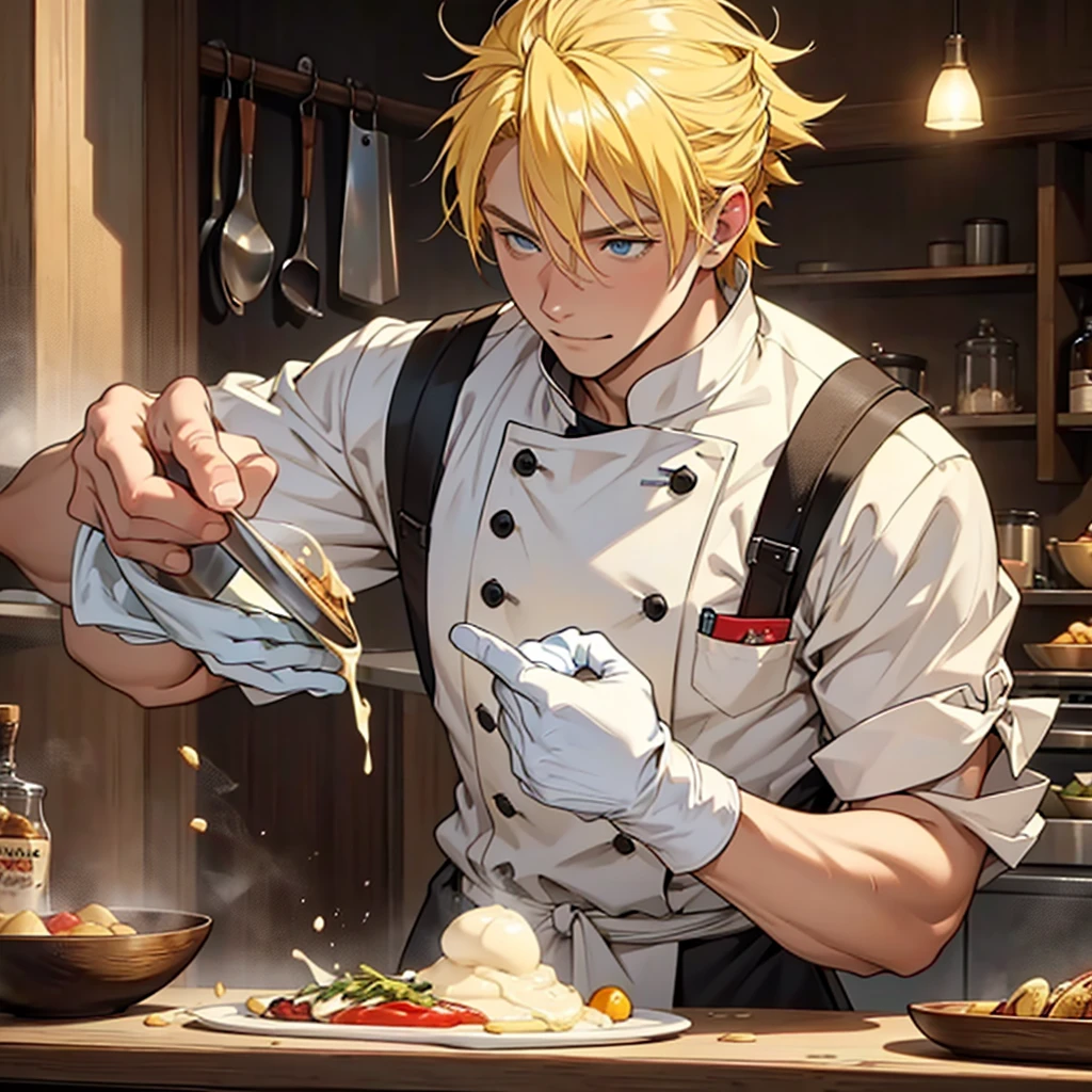 A 22 year old man, blond hair, yellow hair, blue eyes, chef's clothes, wearing a chef's hat, wearing chef's gloves happy expression, medieval period, Ultra HD 4k, 4k, Ultra HD