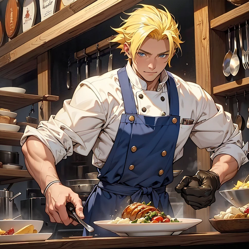 A 22 year old man, blond hair, yellow hair, blue eyes, chef's clothes, wearing a chef's hat, wearing chef's gloves happy expression, medieval period, Ultra HD 4k, 4k, Ultra HD