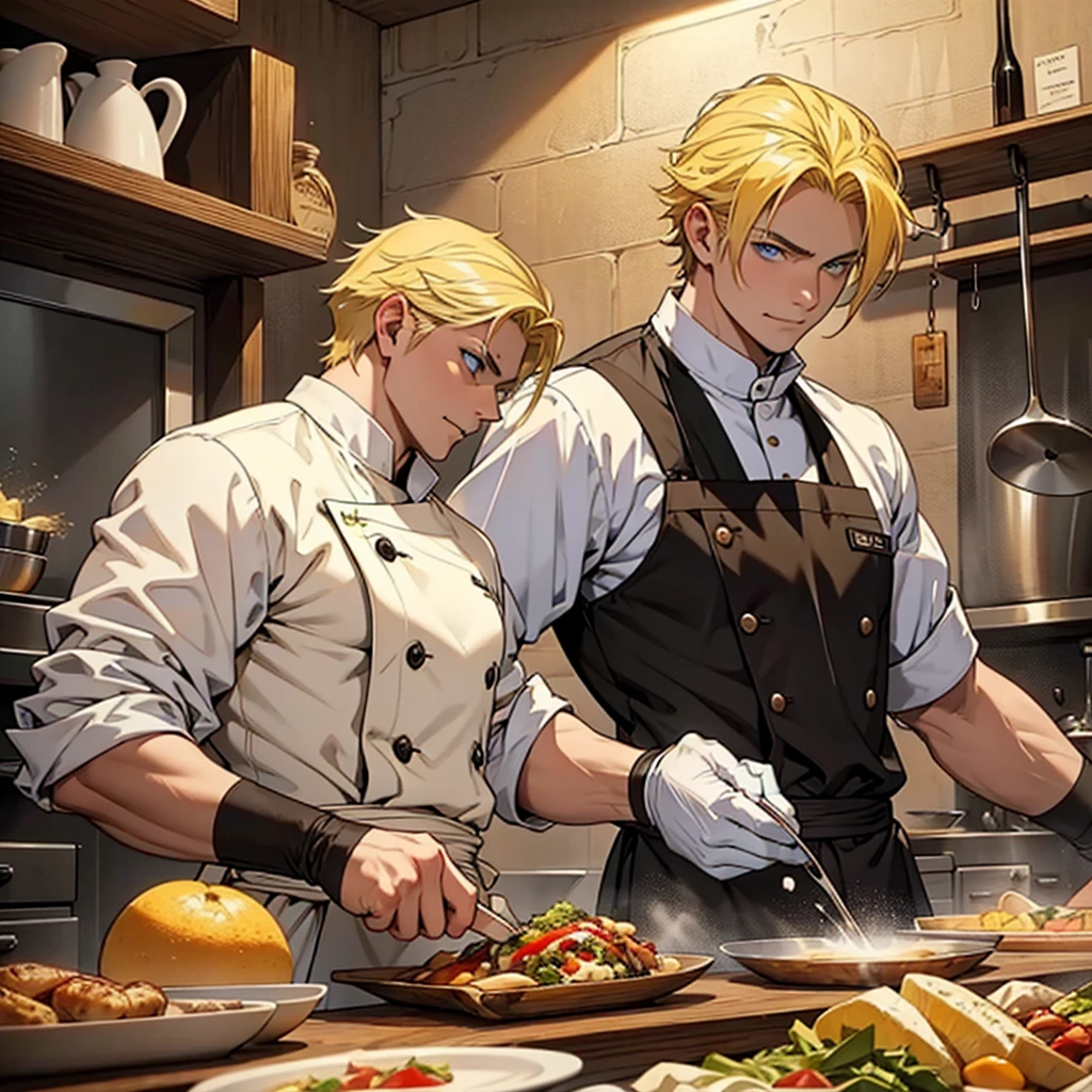 A 22 year old man, blond hair, yellow hair, blue eyes, chef's clothes, wearing a chef's hat, wearing chef's gloves happy expression, medieval period, Ultra HD 4k, 4k, Ultra HD