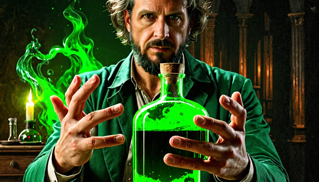 Scientist man in front, hands in front, big teats, detailded, num horror atmosphere, HD, ultrarealisitic, holding a glass bottle with green spell, hands with 5 fingers each, detailed, realisitic