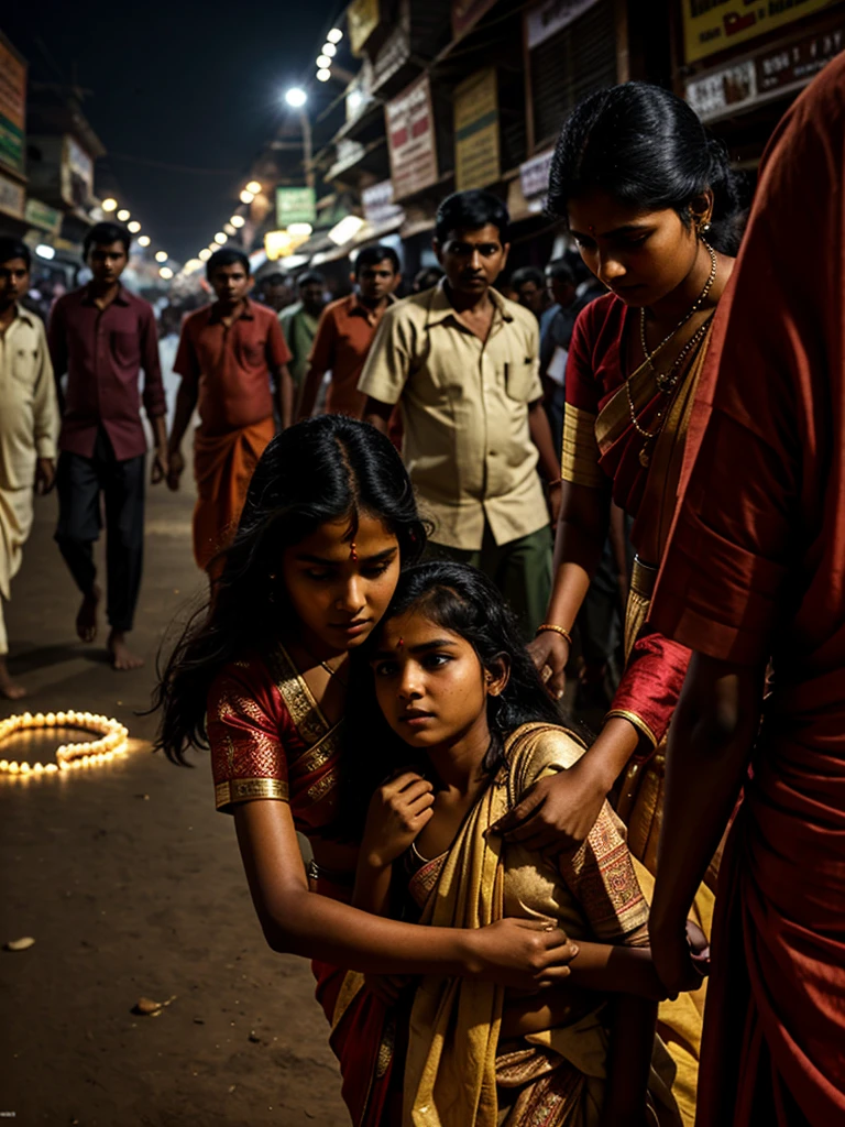 Old India, many Brahmins are dragging a 20 year old widow girl by her hair in front of everyone, cinematic lights, outdoor 