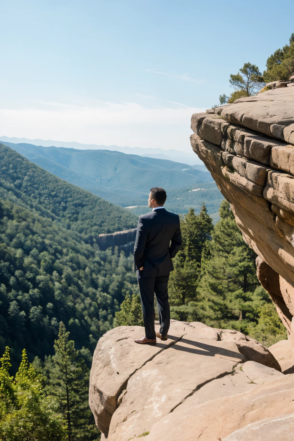 from afar, back, confident firm man on a big rock
