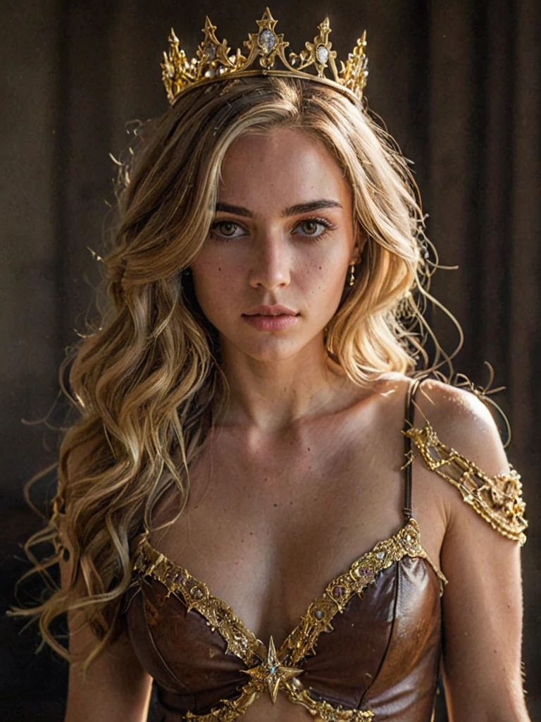 Woman - **body hair:** far away, blonde and wavy, falling on shoulders.
- **muka:** determinate expression, with piercing brown eyes and well-defined eyebrows.
- **tiara:** A golden tiara with a star-shaped design in the center, positioned on the forehead.
- **tenue:** tenue de combate com elementos dourados, including silver bracelets on both wrists and wrapped in brown leather.