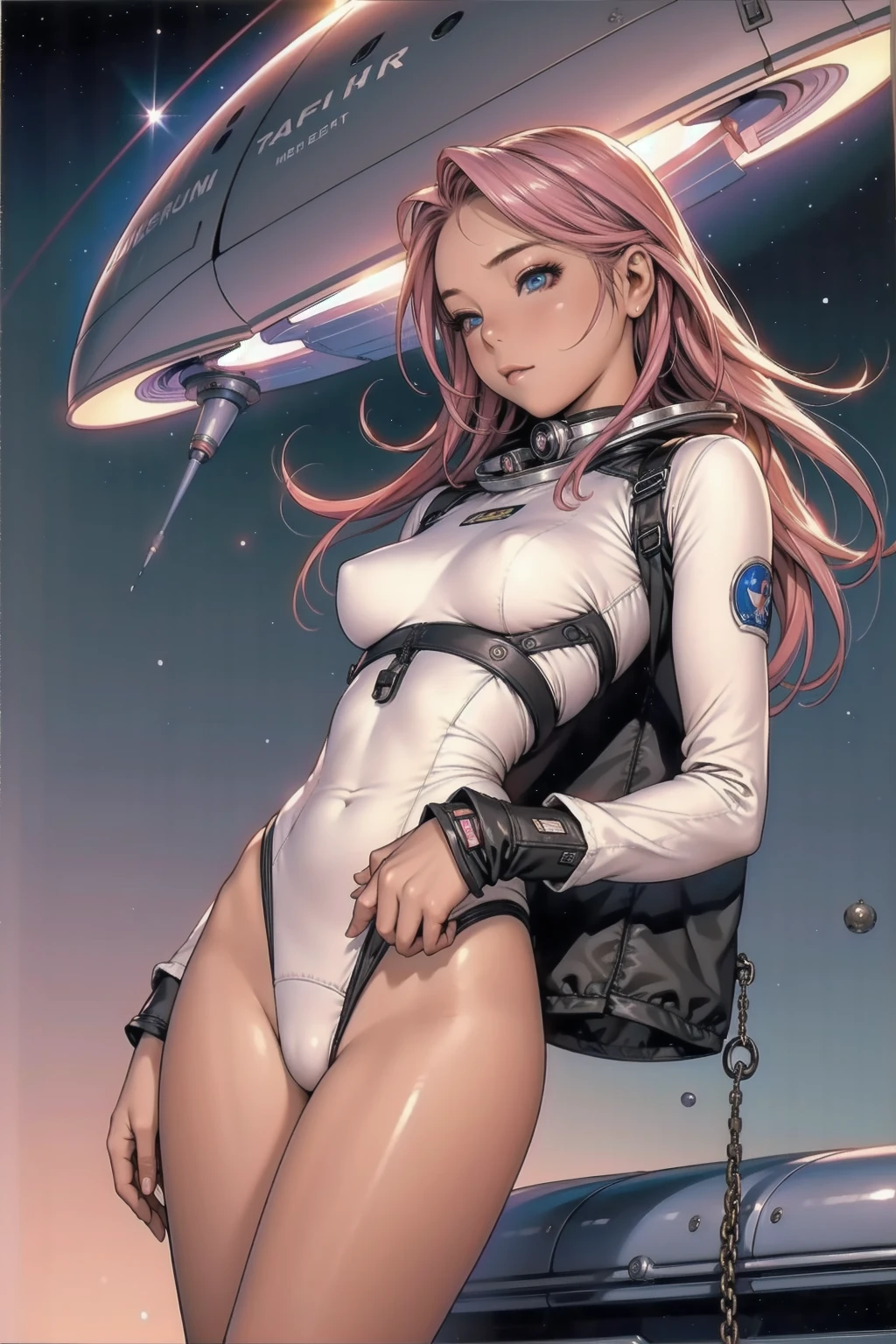 1womanl，5 again，little loli，smallbreast， only，（Background with：space ship，Artificial satellite，） She has long pink hair，Fique em uma space ship，seen from the front， slickedback hair， almost cloudy sky，（（（Masterpiece artwork），（very detailed CG Unity 8k wallpaper），best qualityer，cinematic lighting，detailed back ground，beautiful detailed eyes，shiny pupils，thin and beautiful blue eyes），（Beautiful and detailed description of the eyes），ultra detali，Masterpiece artwork，）），facing the camera，A high resolution，ultra detali），Revealing breasts，Naked genitals，  protuberance，legs are open，Raised sexy，camel fingers，Ruddy complexion，ssmile，Desire for dissatisfaction，facade，elementary student，o astronauta，（dressing：space suit